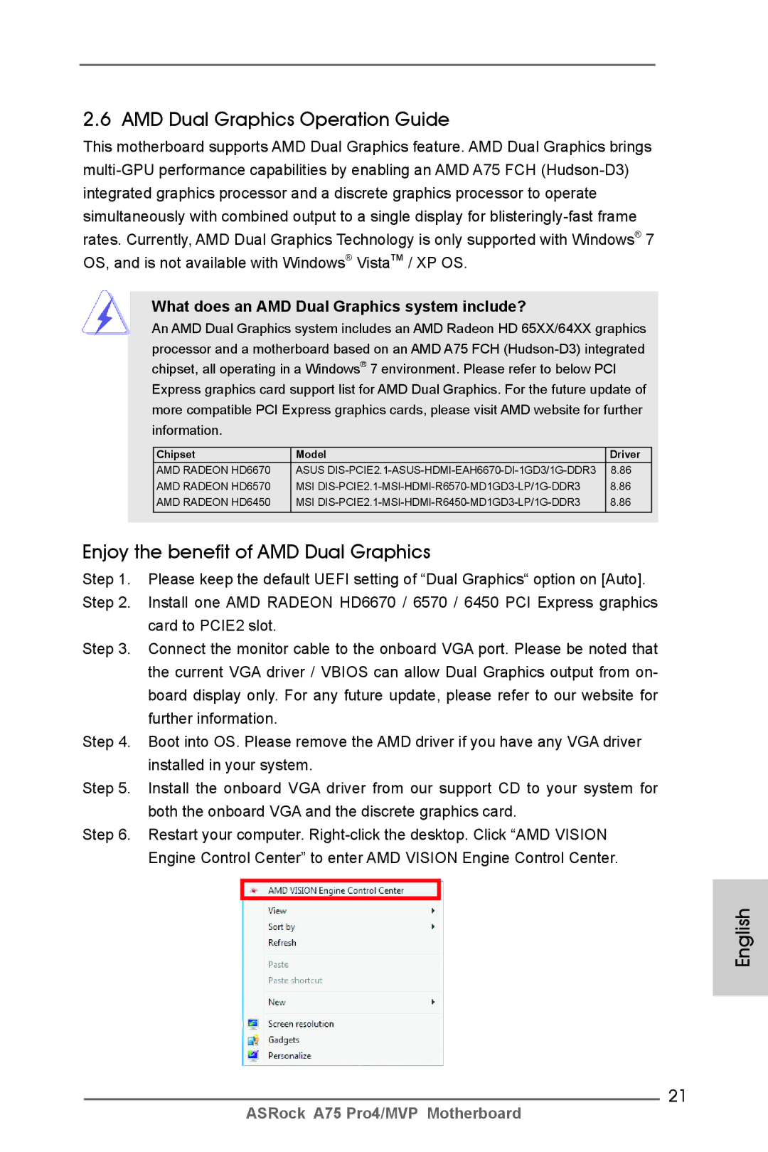 ASRock A75 Pro4/MVP manual AMD Dual Graphics Operation Guide, Enjoy the benefit of AMD Dual Graphics 