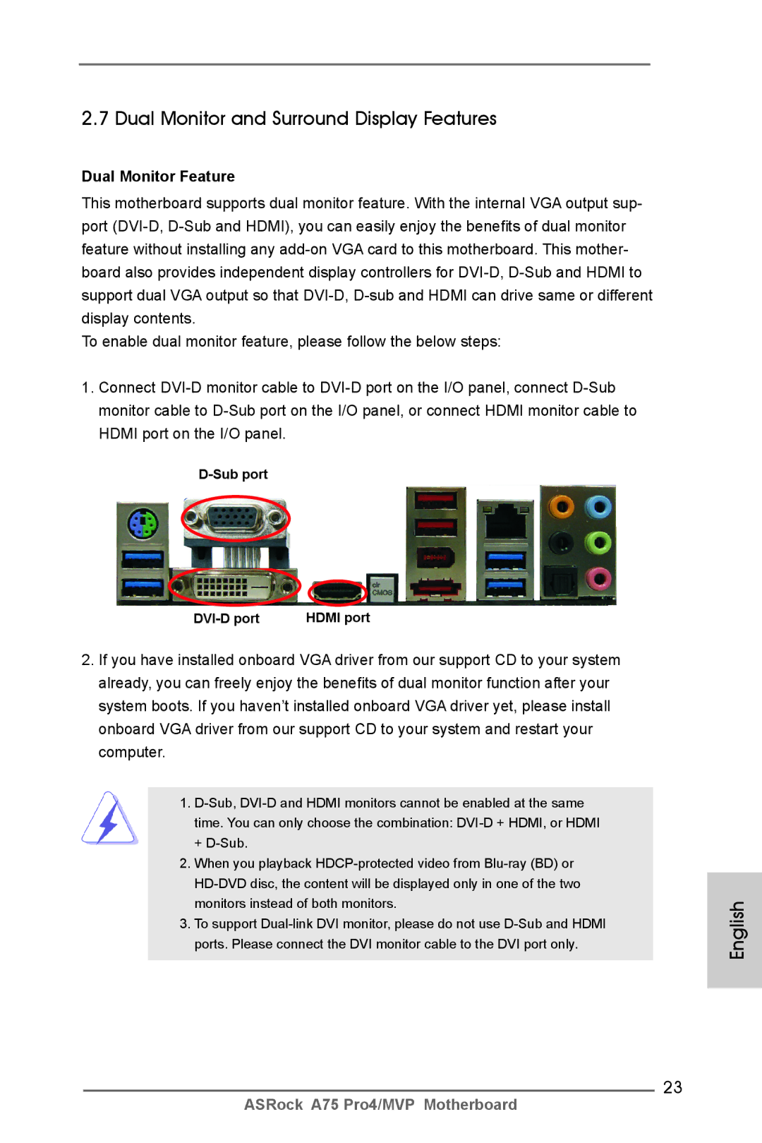 ASRock A75 Pro4/MVP manual Dual Monitor and Surround Display Features, Dual Monitor Feature, Sub port DVI-D port 