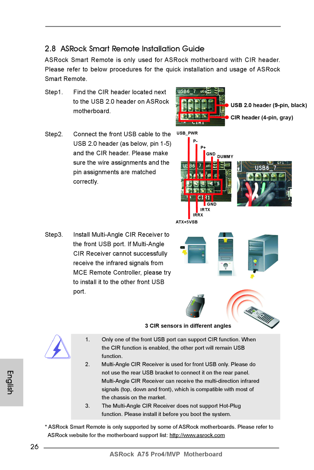 ASRock A75 Pro4/MVP manual ASRock Smart Remote Installation Guide, To the USB 2.0 header on ASRock, Motherboard 