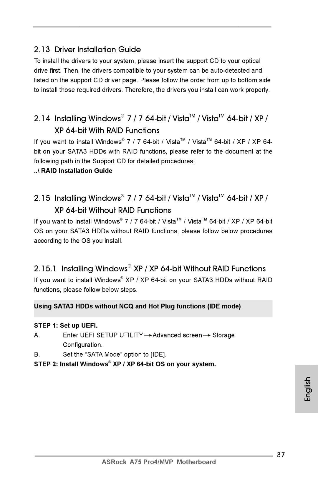 ASRock A75 Pro4/MVP manual Driver Installation Guide, Installing Windows XP / XP 64-bit Without RAID Functions 