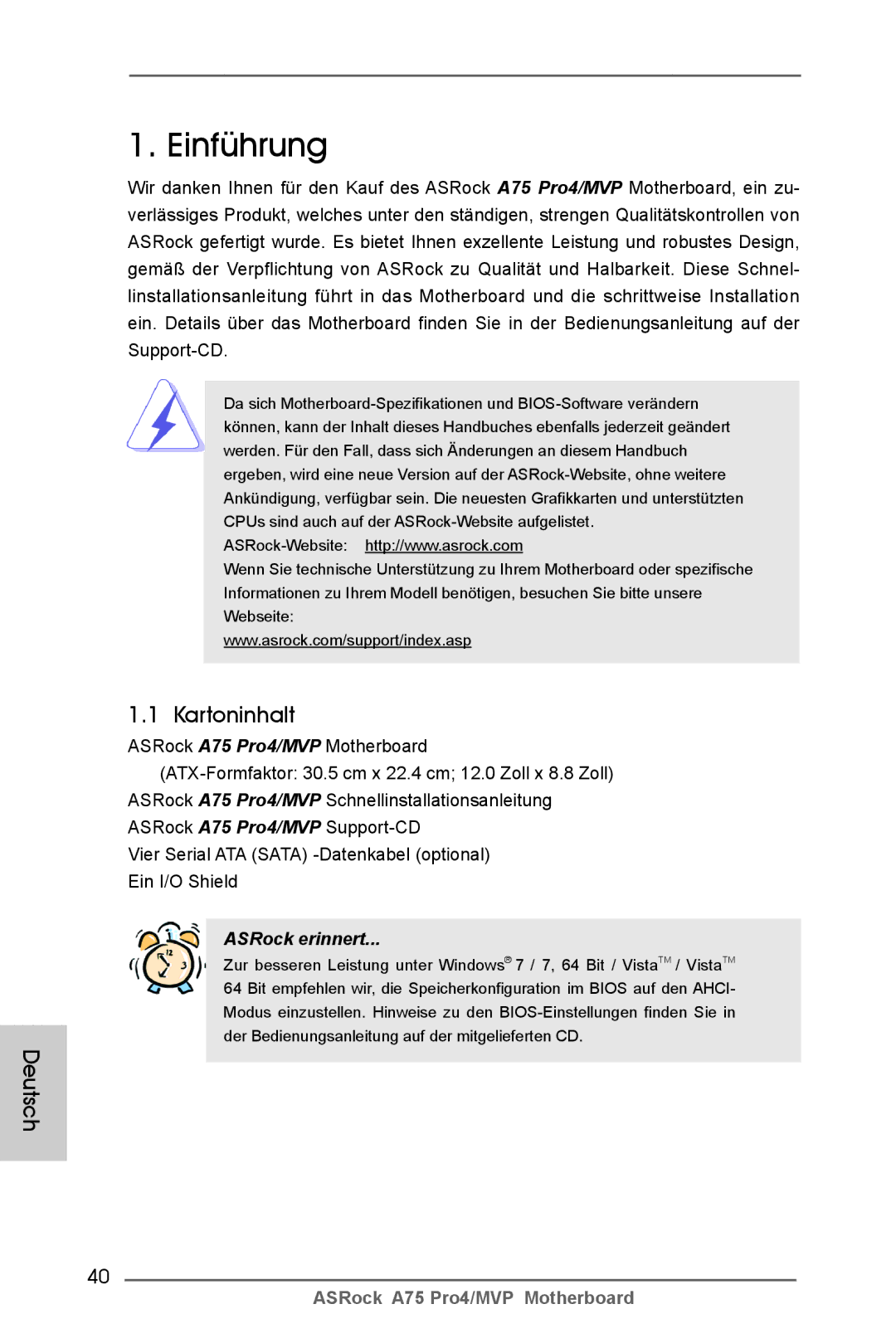 ASRock A75 Pro4/MVP manual Einführung, Kartoninhalt, Deutsch 