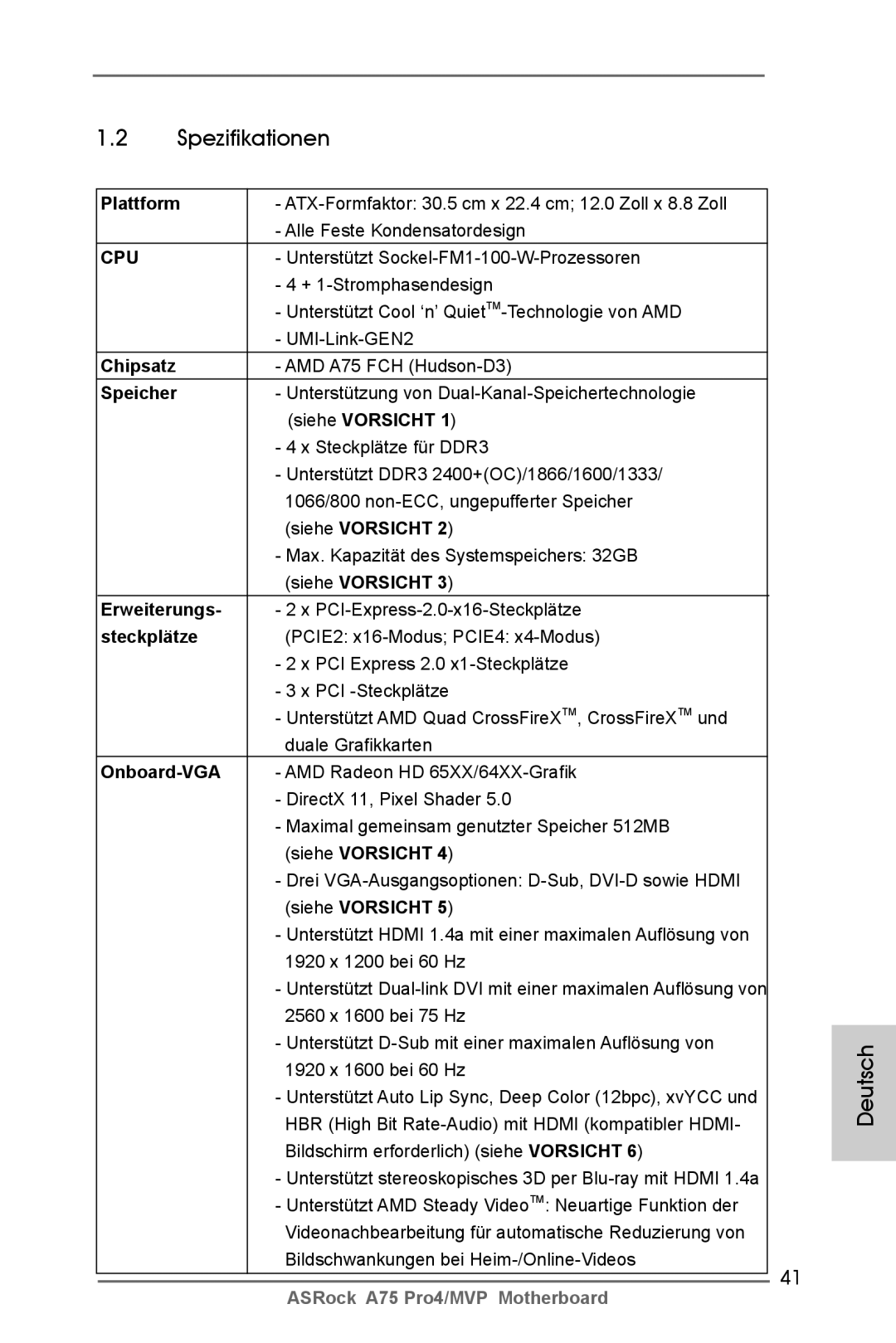 ASRock A75 Pro4/MVP manual Spezifikationen 