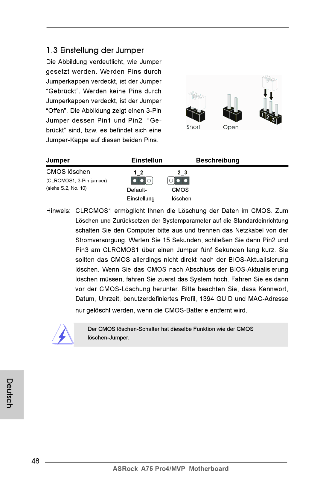 ASRock A75 Pro4/MVP manual Einstellung der Jumper, Jumper Einstellun Beschreibung, Cmos löschen 