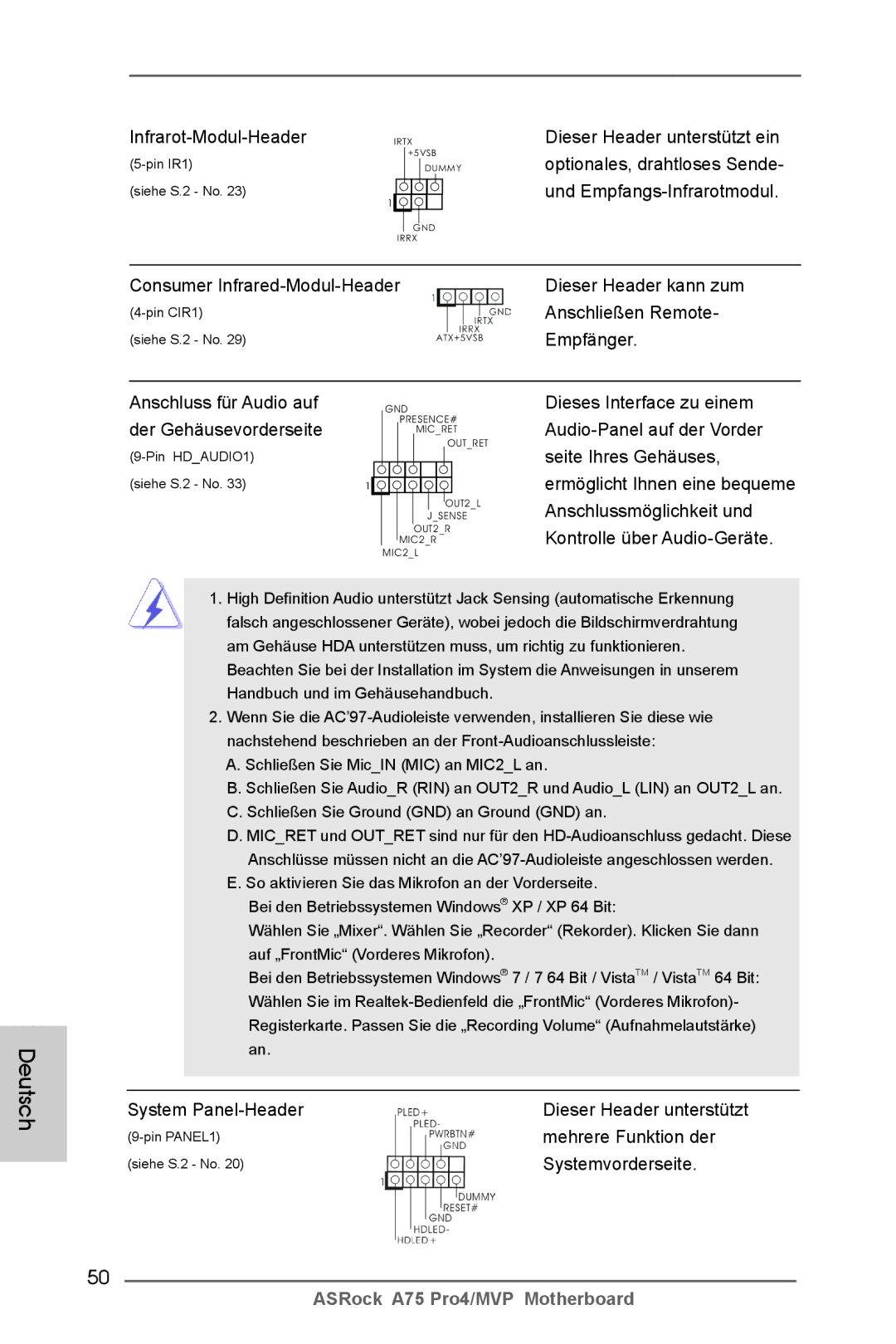 ASRock A75 Pro4/MVP Dieser Header unterstützt ein, Optionales, drahtloses Sende, Und Empfangs-Infrarotmodul, Empfänger 