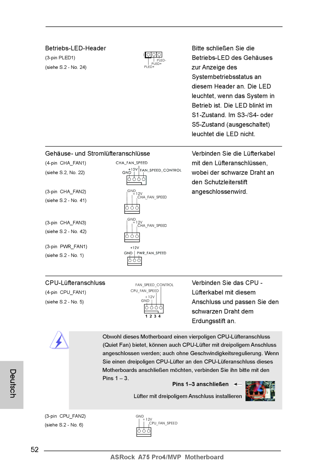 ASRock A75 Pro4/MVP manual Mit den Lüfteranschlüssen, Den Schutzleiterstift, Angeschlossenwird, CPU-Lüfteranschluss 