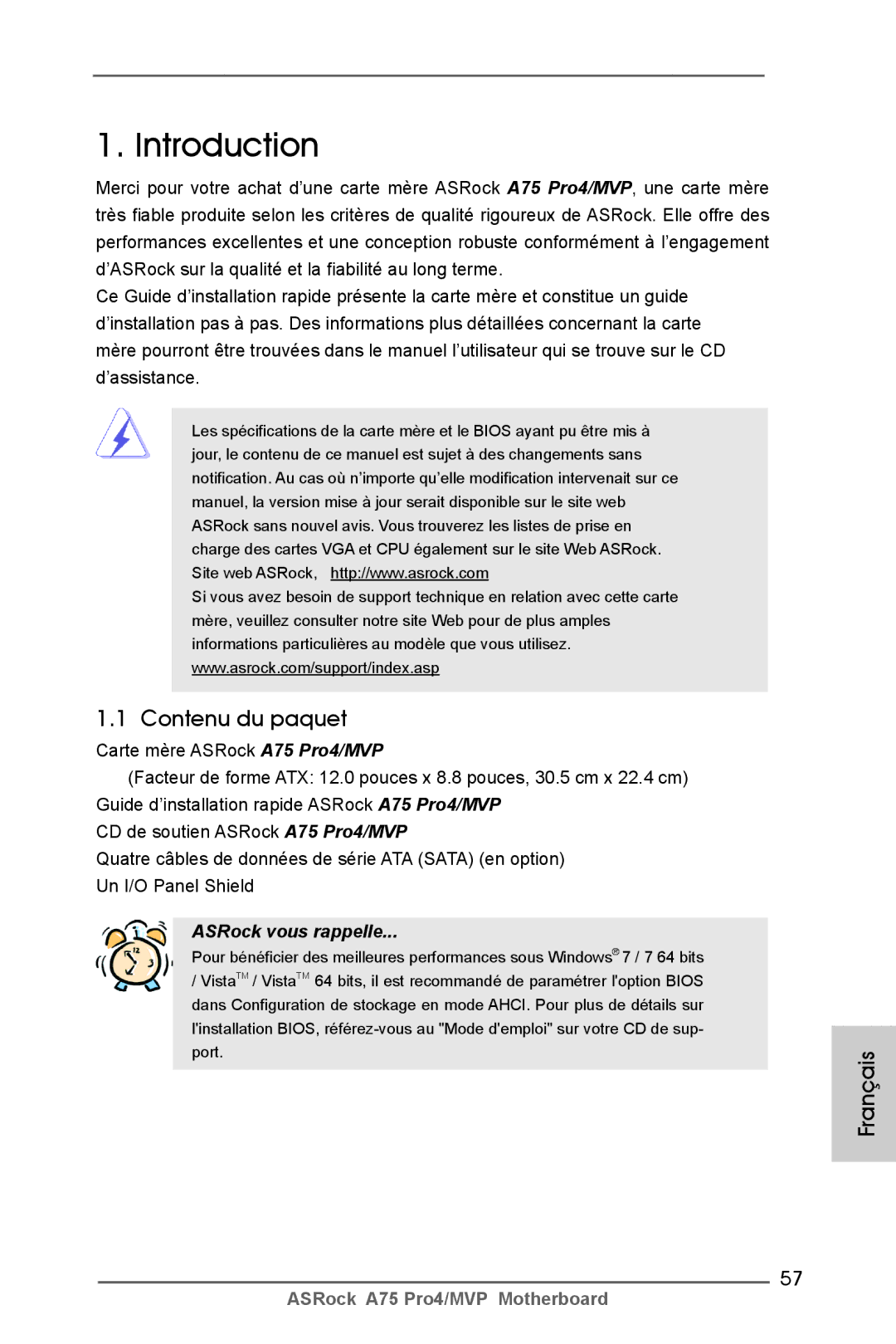 ASRock A75 Pro4/MVP manual Contenu du paquet, Français 
