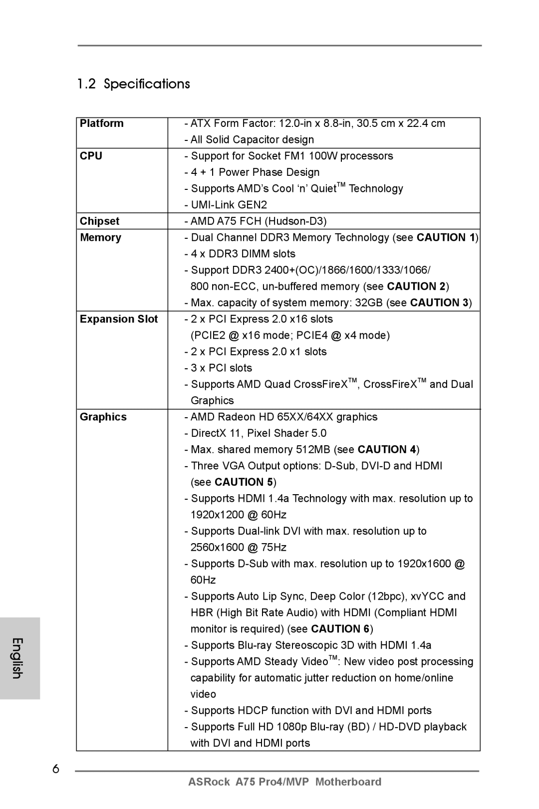 ASRock A75 Pro4/MVP manual English Specifications 