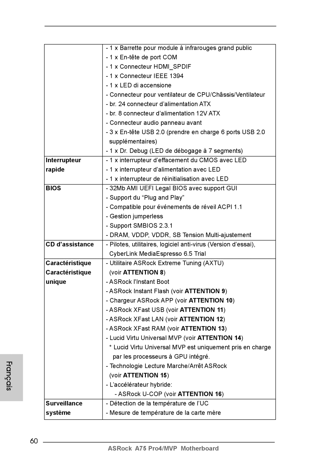 ASRock A75 Pro4/MVP manual Interrupteur, Rapide, CD d’assistance, Caractéristique Voir Attention Unique, Surveillance 