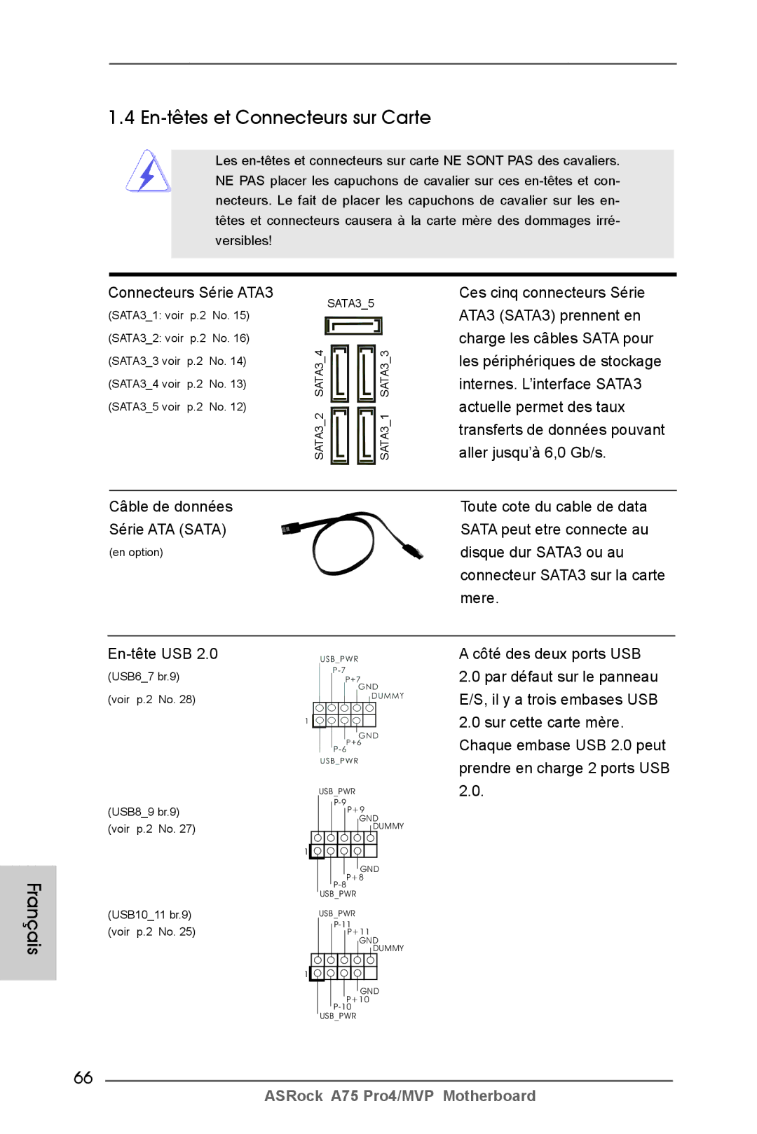 ASRock A75 Pro4/MVP manual En-têtes et Connecteurs sur Carte, Connecteurs Série ATA3, Câble de données Série ATA Sata 