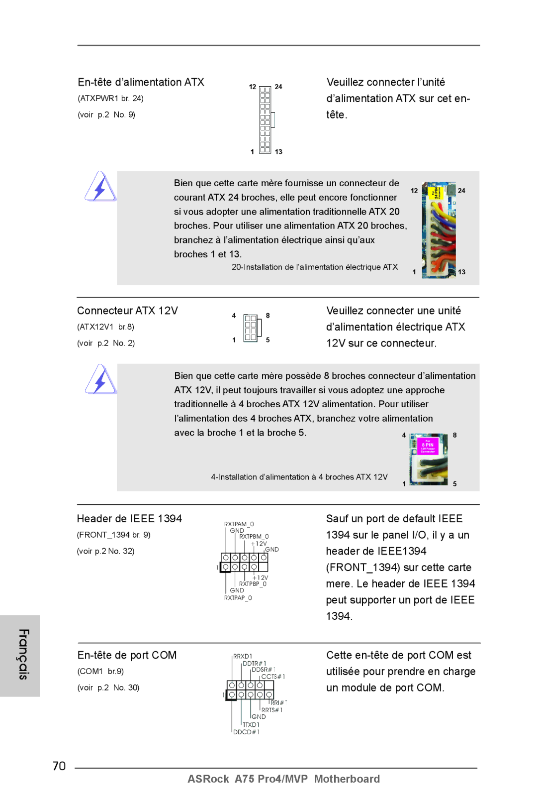 ASRock A75 Pro4/MVP manual En-tête d’alimentation ATX Veuillez connecter l’unité, Tête, 12V sur ce connecteur 