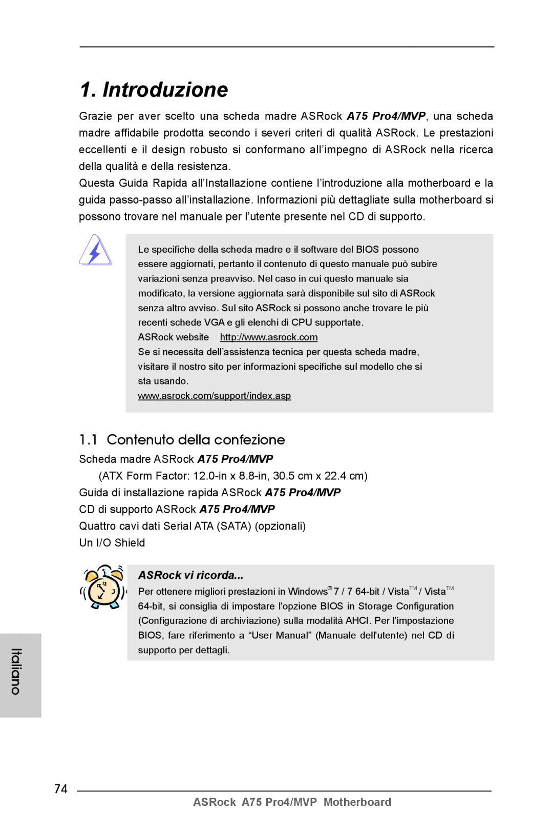 ASRock A75 Pro4/MVP manual Italiano, Contenuto della confezione 