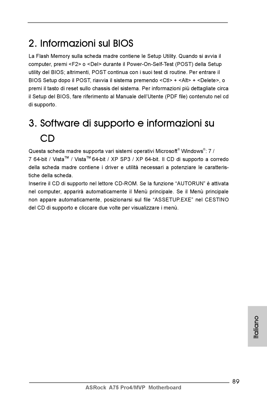 ASRock A75 Pro4/MVP manual Informazioni sul Bios Software di supporto e informazioni su 