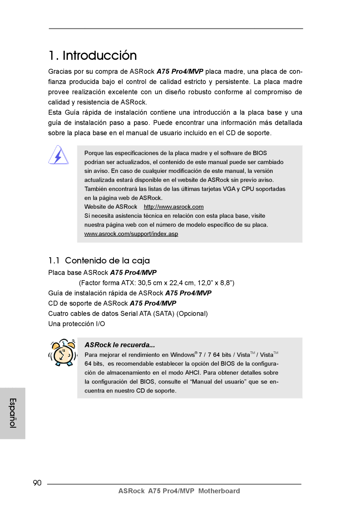 ASRock A75 Pro4/MVP manual Introducción, Contenido de la caja, Español 