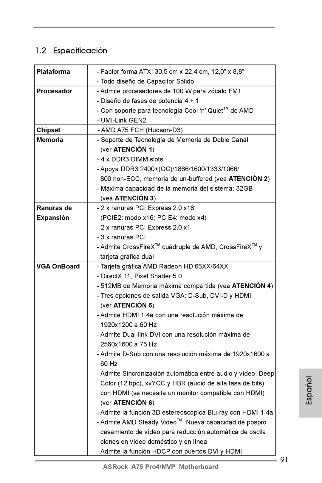 ASRock A75 Pro4/MVP manual Especificación 