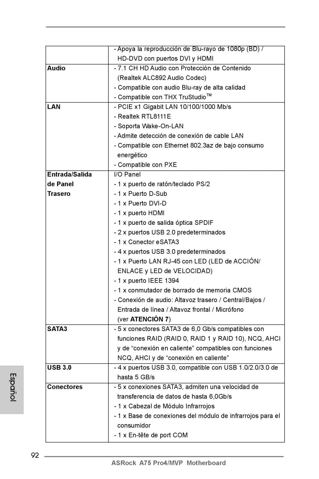 ASRock A75 Pro4/MVP manual Entrada/Salida, De Panel, Trasero, Conectores 