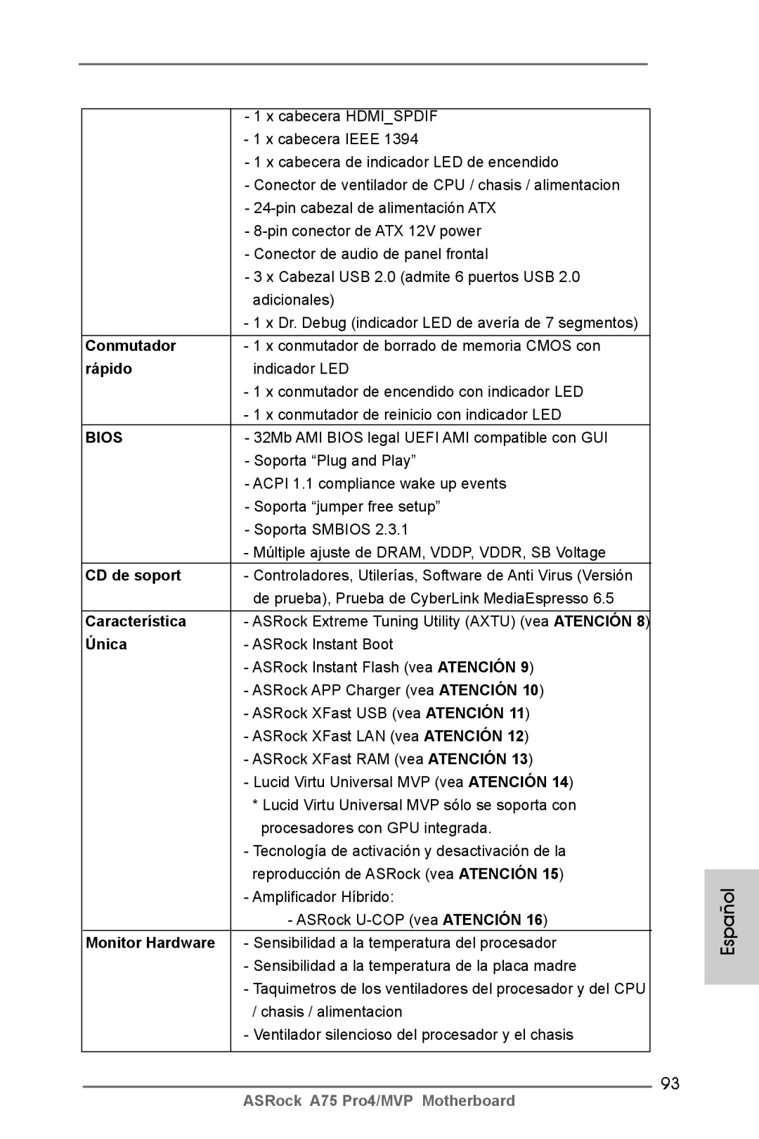 ASRock A75 Pro4/MVP manual Conmutador, Rápido, CD de soport, Característica, Única 