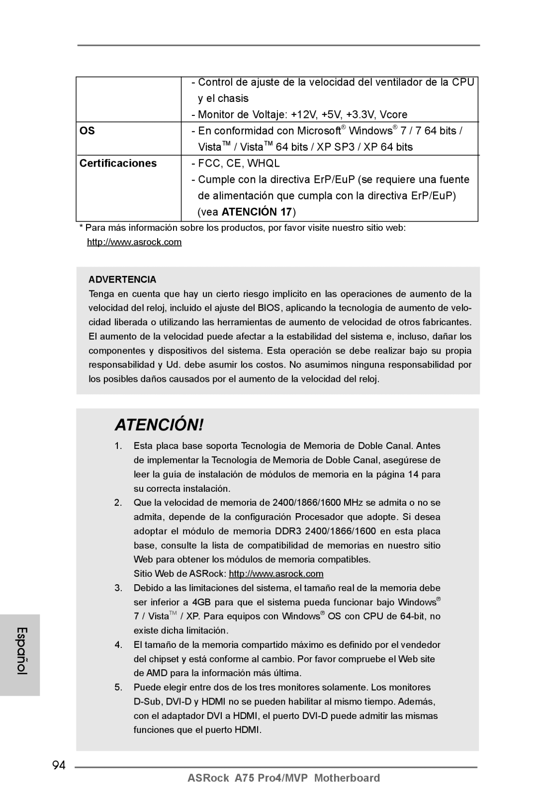 ASRock A75 Pro4/MVP manual Certificaciones, Advertencia 