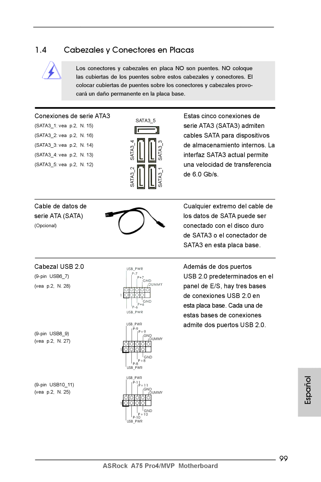 ASRock A75 Pro4/MVP manual Cabezales y Conectores en Placas, Conexiones de serie ATA3, Cable de datos de serie ATA Sata 