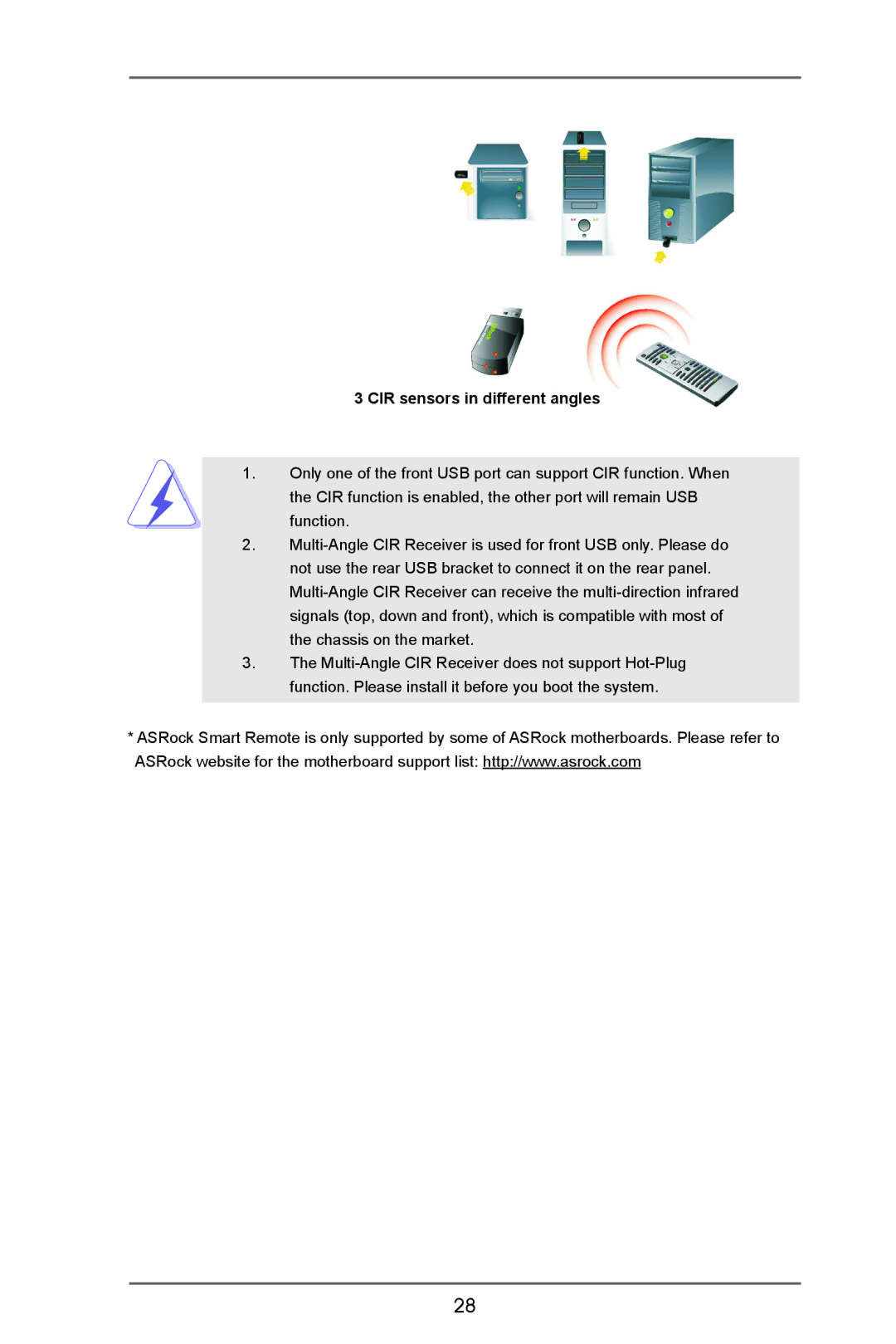 ASRock A75iCafe manual CIR sensors in different angles 