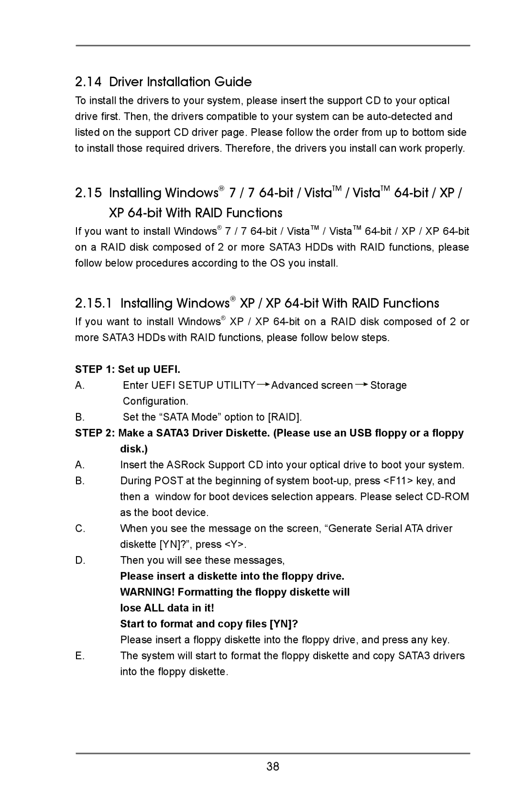 ASRock A75iCafe manual Driver Installation Guide, Installing Windows XP / XP 64-bit With RAID Functions, Set up Uefi 