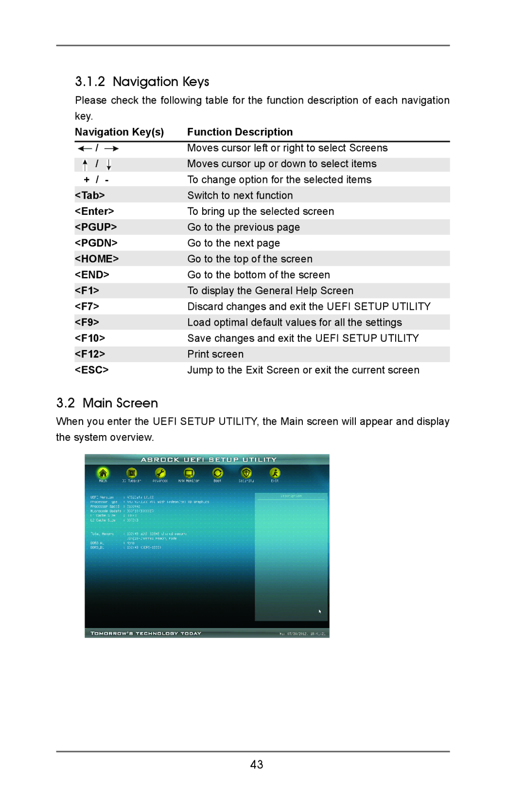 ASRock A75iCafe manual Main Screen, Navigation Keys + / Tab Enter Pgup Pgdn Home, F10 F12 