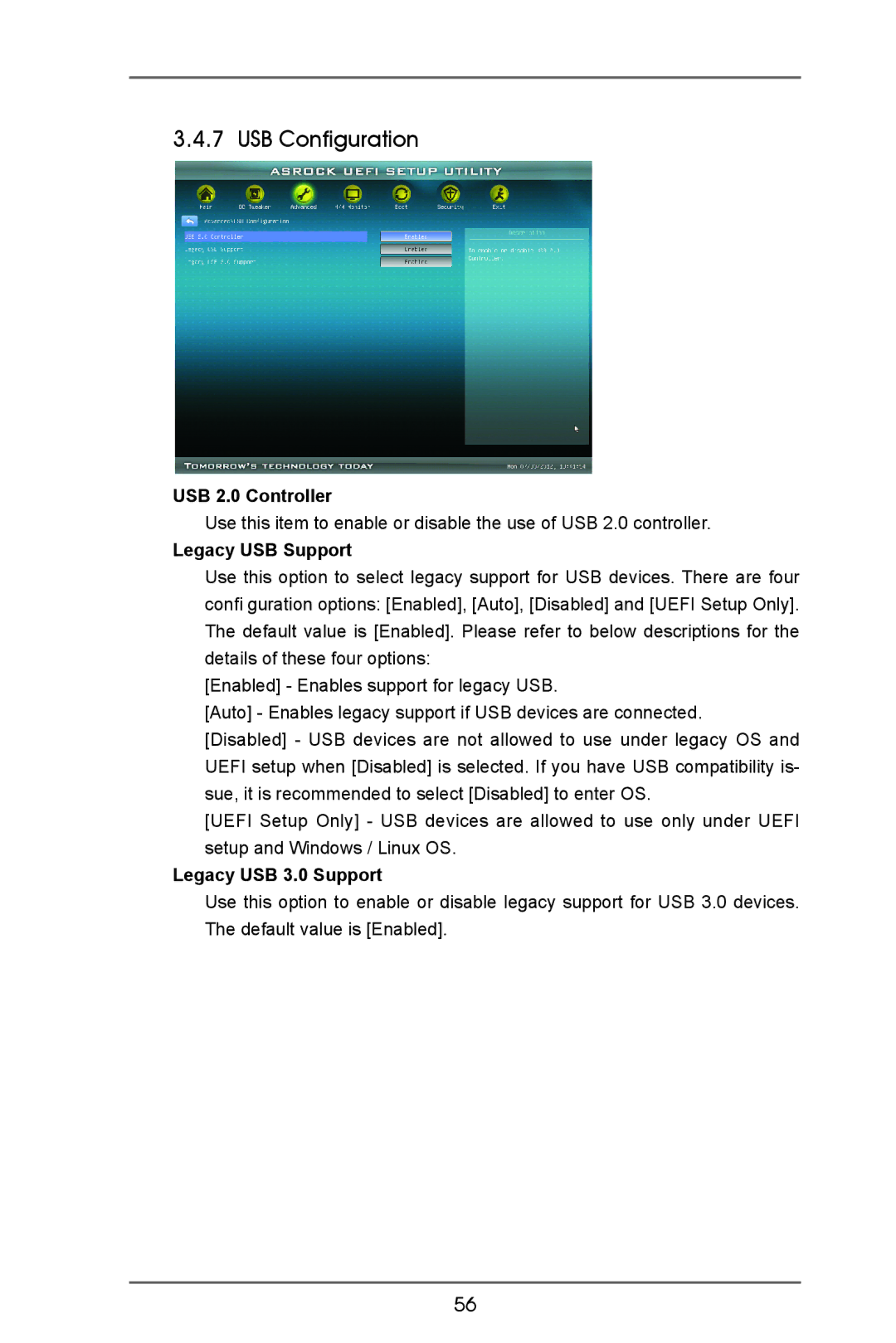 ASRock A75iCafe manual USB Configuration, USB 2.0 Controller, Legacy USB Support, Legacy USB 3.0 Support 