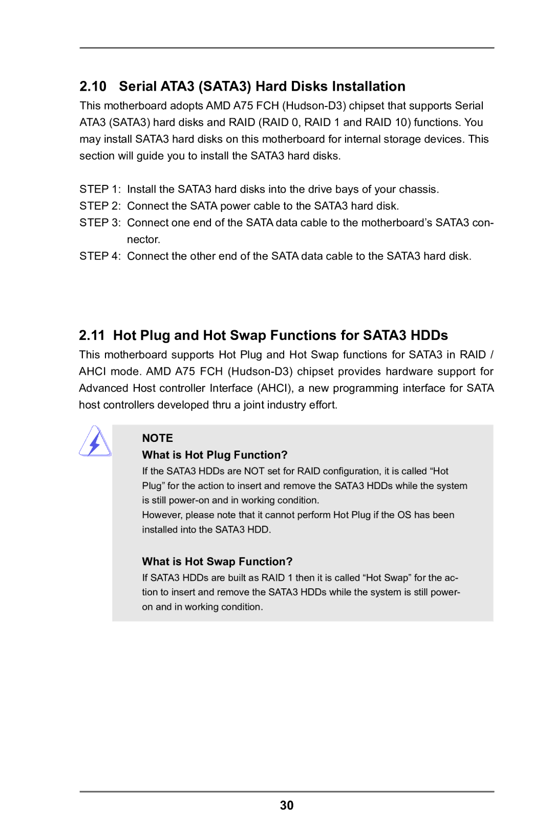 ASRock A75M-DGS manual Serial ATA3 SATA3 Hard Disks Installation, Hot Plug and Hot Swap Functions for SATA3 HDDs 