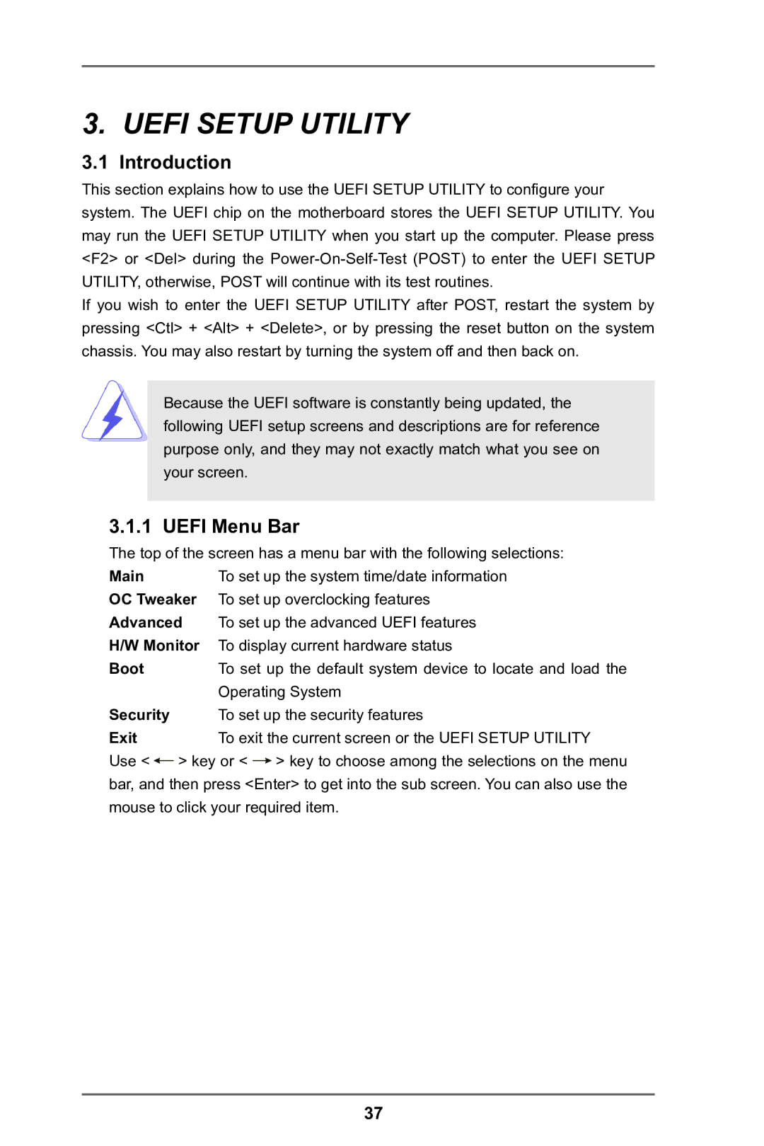 ASRock A75M-DGS manual Introduction, Uefi Menu Bar 