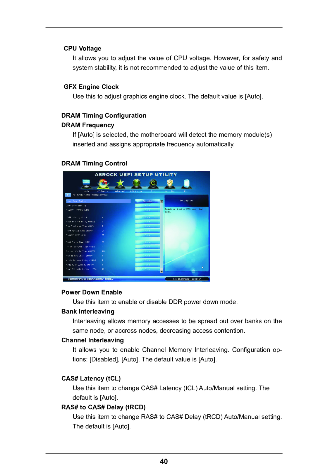 ASRock A75M-DGS manual CPU Voltage, GFX Engine Clock, Dram Timing Configuration Dram Frequency, Bank Interleaving 