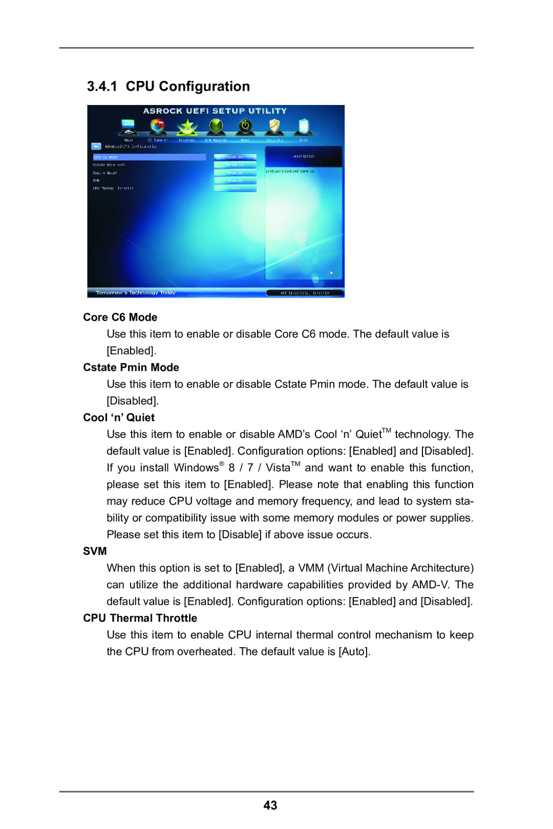 ASRock A75M-DGS manual CPU Configuration, Core C6 Mode, Cstate Pmin Mode, Cool ‘n’ Quiet, CPU Thermal Throttle 