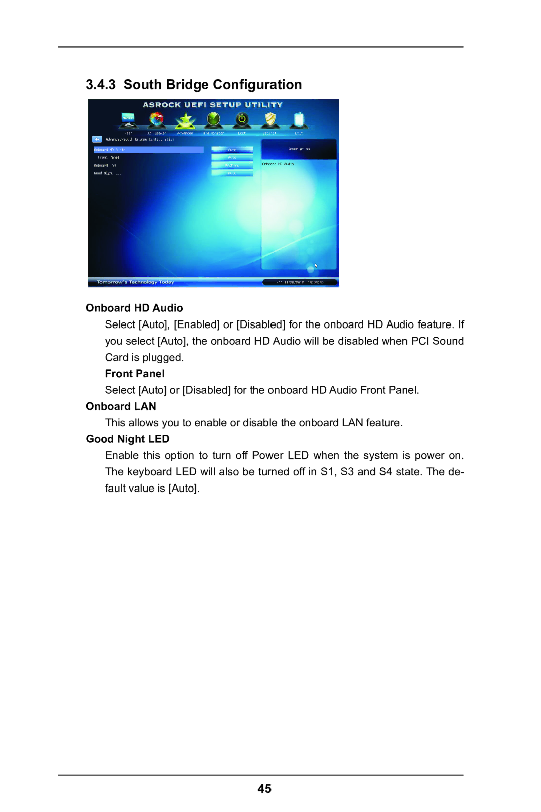 ASRock A75M-DGS manual South Bridge Configuration, Onboard HD Audio, Front Panel, Onboard LAN, Good Night LED 