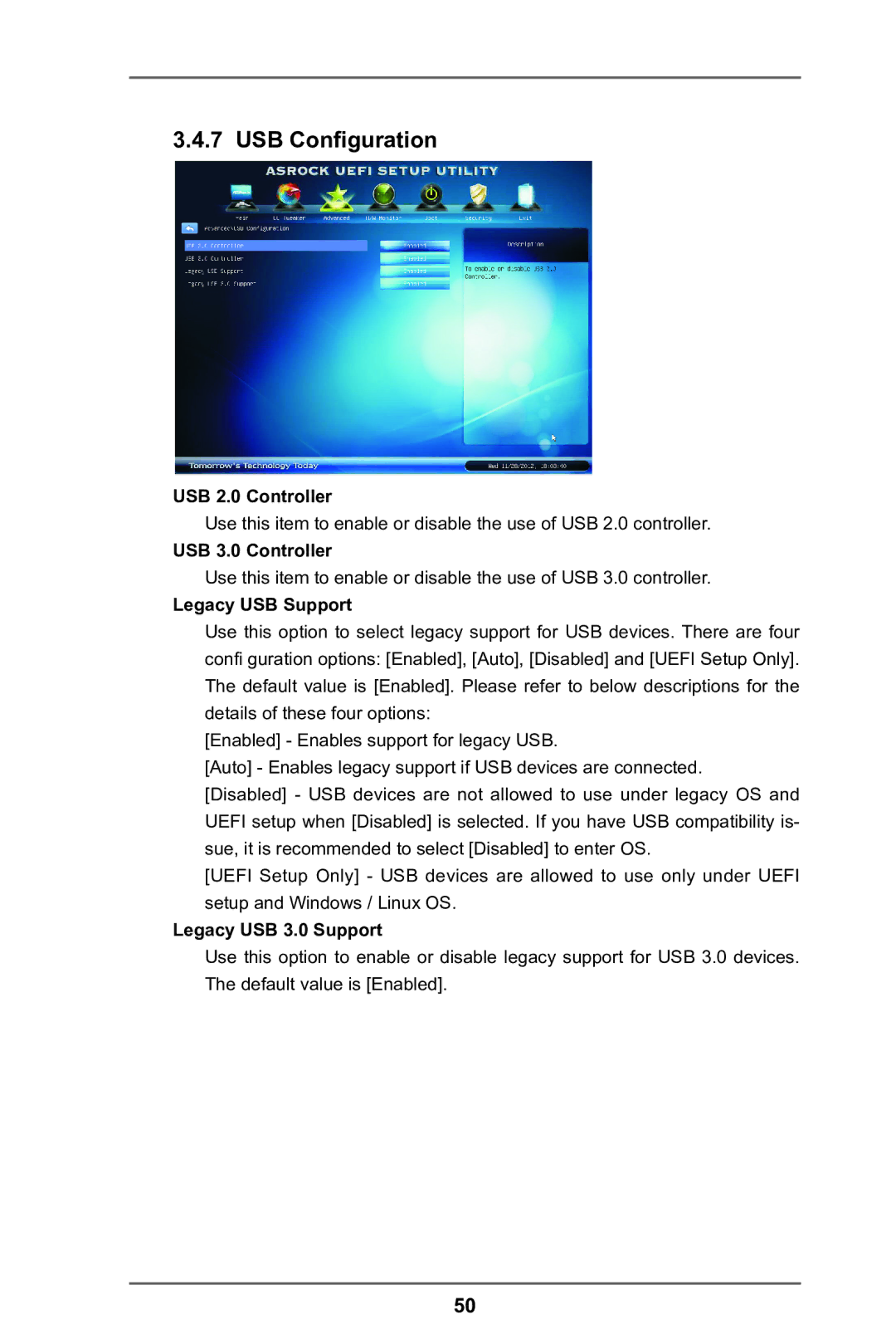 ASRock A75M-DGS USB Configuration, USB 2.0 Controller, USB 3.0 Controller, Legacy USB Support, Legacy USB 3.0 Support 