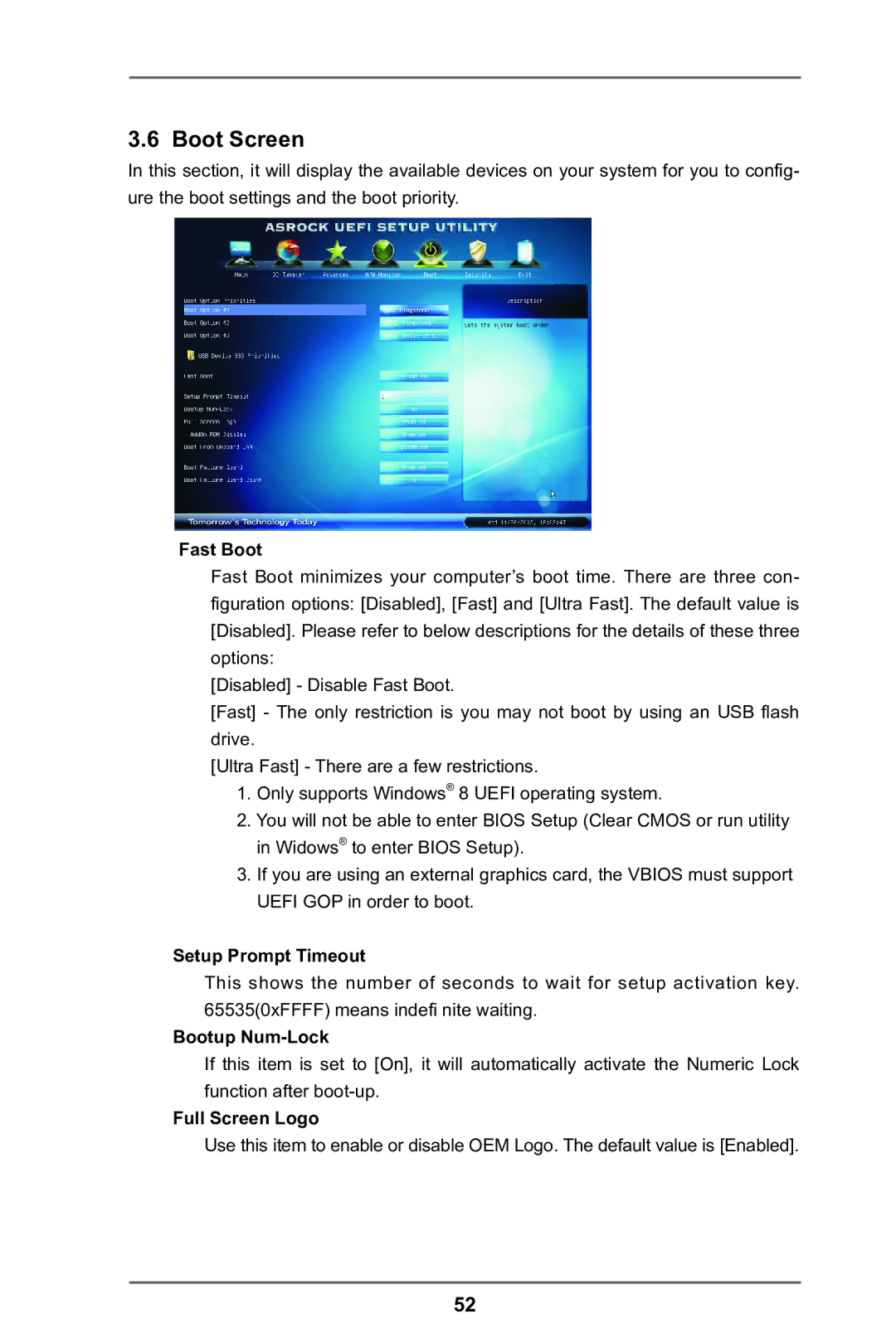 ASRock A75M-DGS manual Boot Screen, Fast Boot, Setup Prompt Timeout, Bootup Num-Lock, Full Screen Logo 