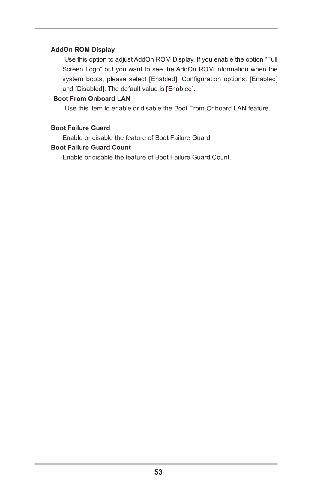 ASRock A75M-DGS manual AddOn ROM Display, Boot From Onboard LAN, Boot Failure Guard Count 