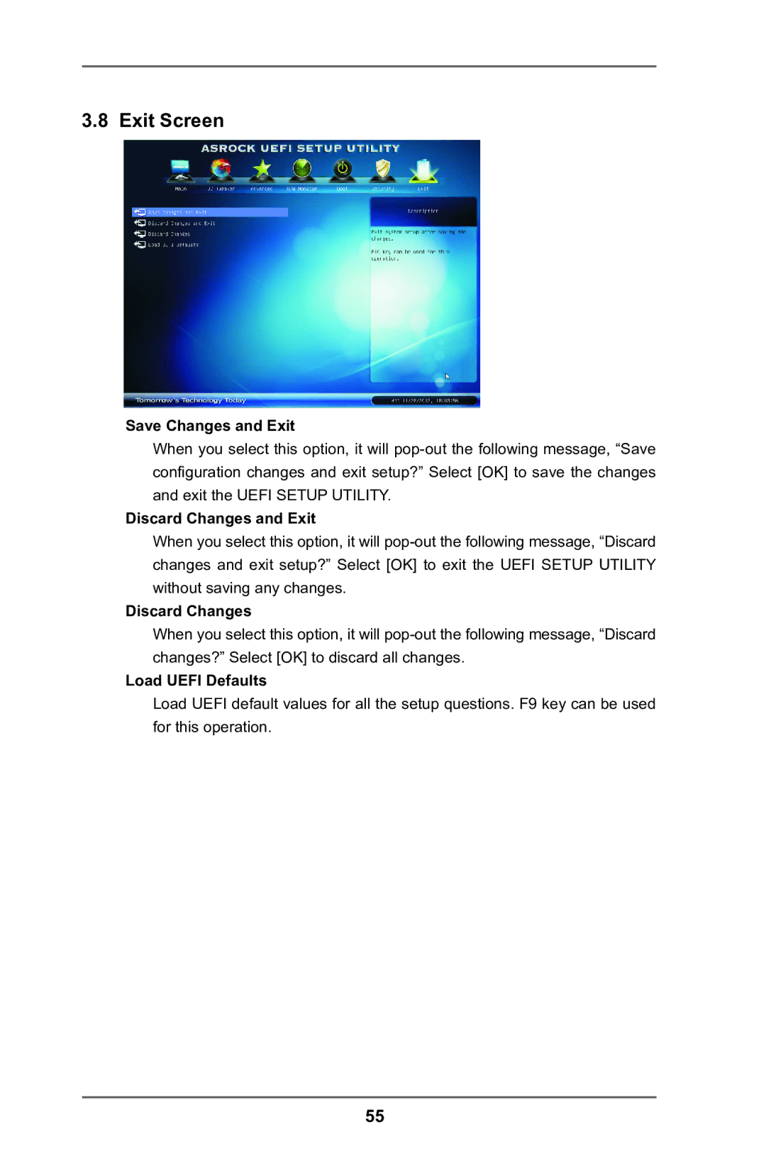 ASRock A75M-DGS manual Exit Screen, Save Changes and Exit, Discard Changes and Exit, Load Uefi Defaults 