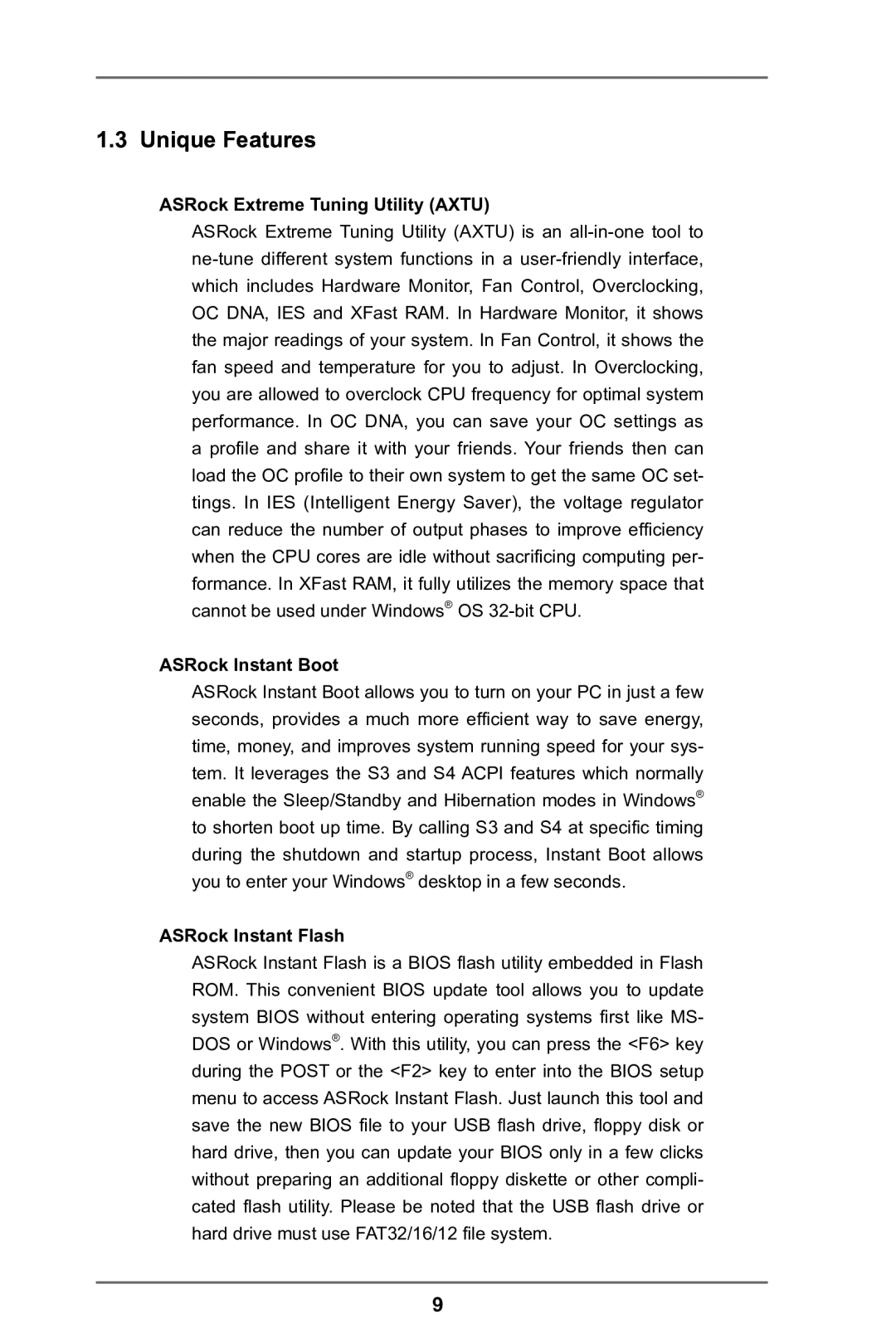 ASRock A75M-DGS manual Unique Features, ASRock Extreme Tuning Utility Axtu, ASRock Instant Boot, ASRock Instant Flash 