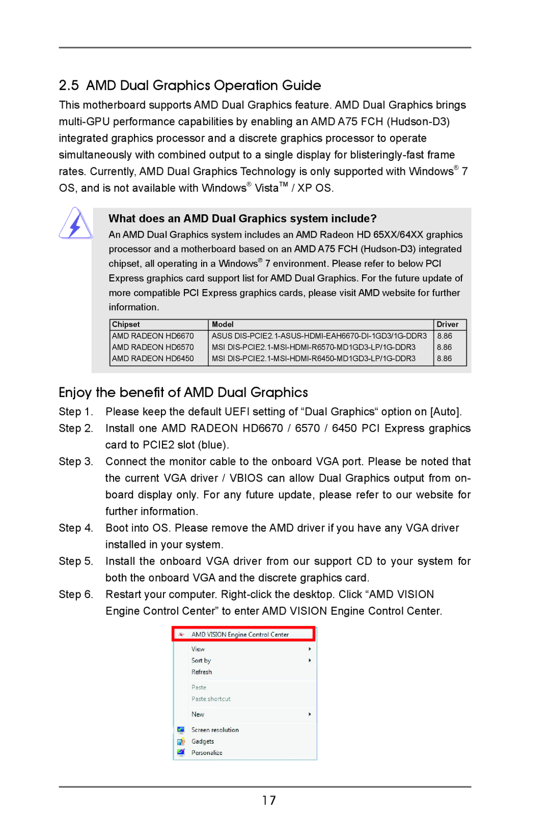 ASRock A75M-HVS manual AMD Dual Graphics Operation Guide, Enjoy the benefit of AMD Dual Graphics 