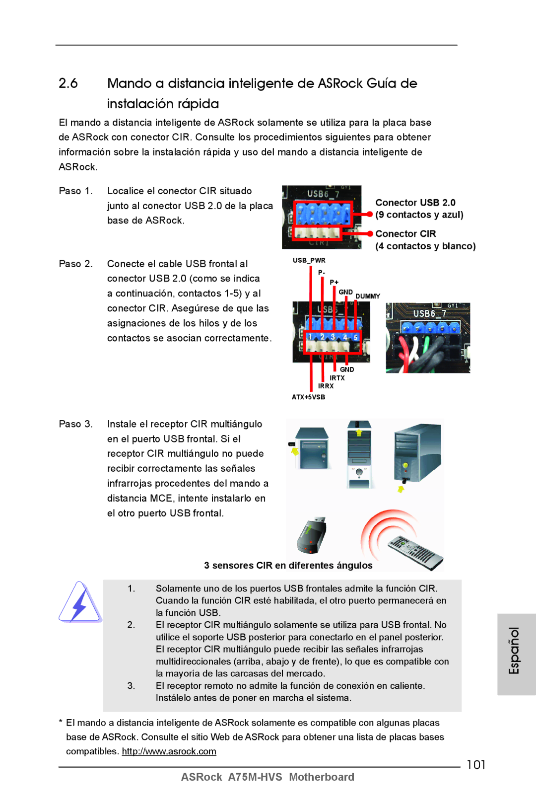 ASRock A75M-HVS manual 101, Sensores CIR en diferentes ángulos 