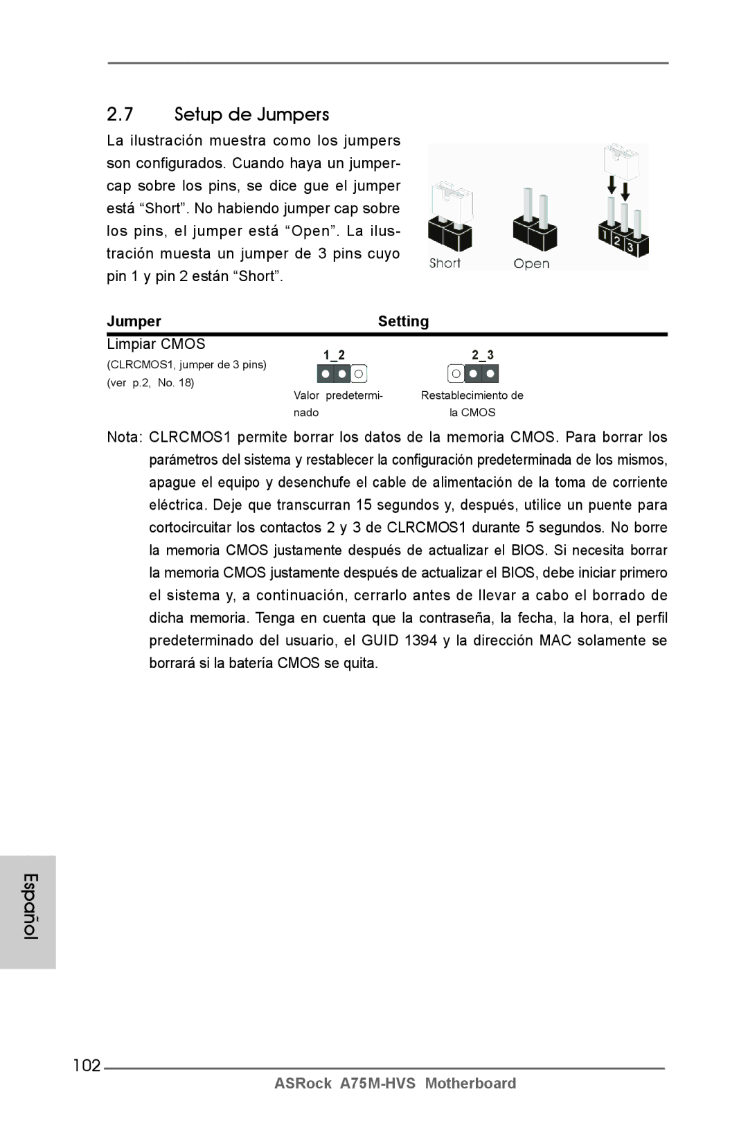 ASRock A75M-HVS manual Setup de Jumpers, 102, Jumper Setting, Limpiar Cmos 