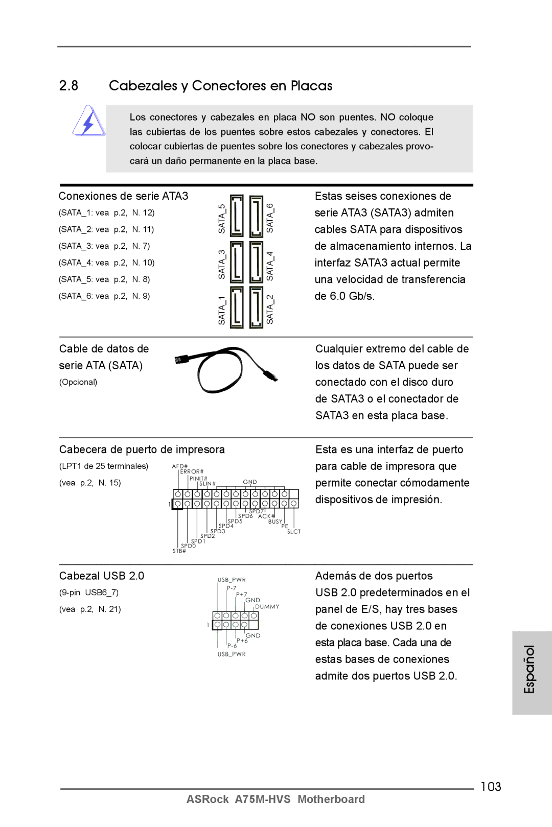 ASRock A75M-HVS manual Cabezales y Conectores en Placas, 103 