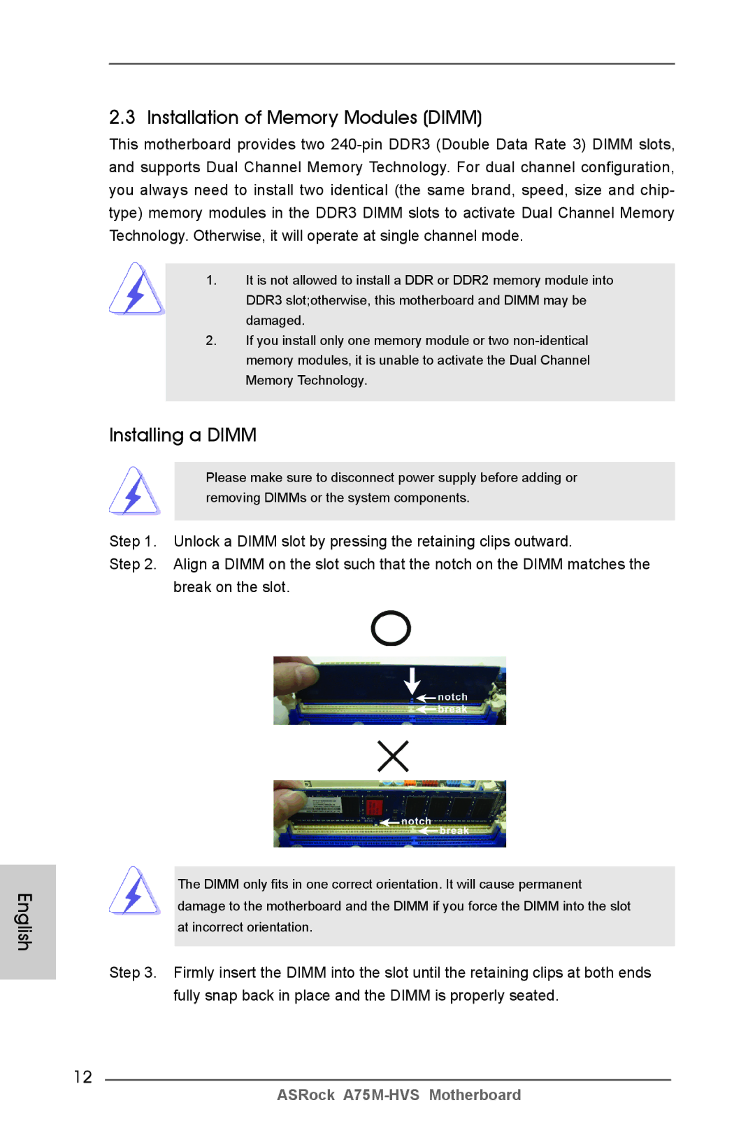 ASRock A75M-HVS manual English Installation of Memory Modules Dimm, Installing a Dimm 