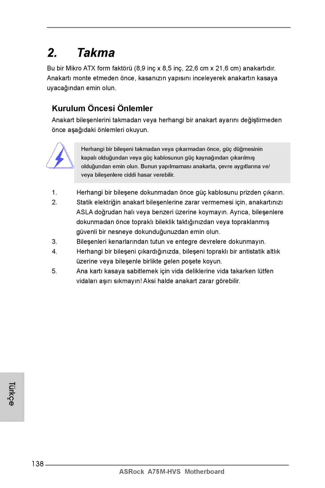 ASRock A75M-HVS manual Kurulum Öncesi Önlemler, 138 
