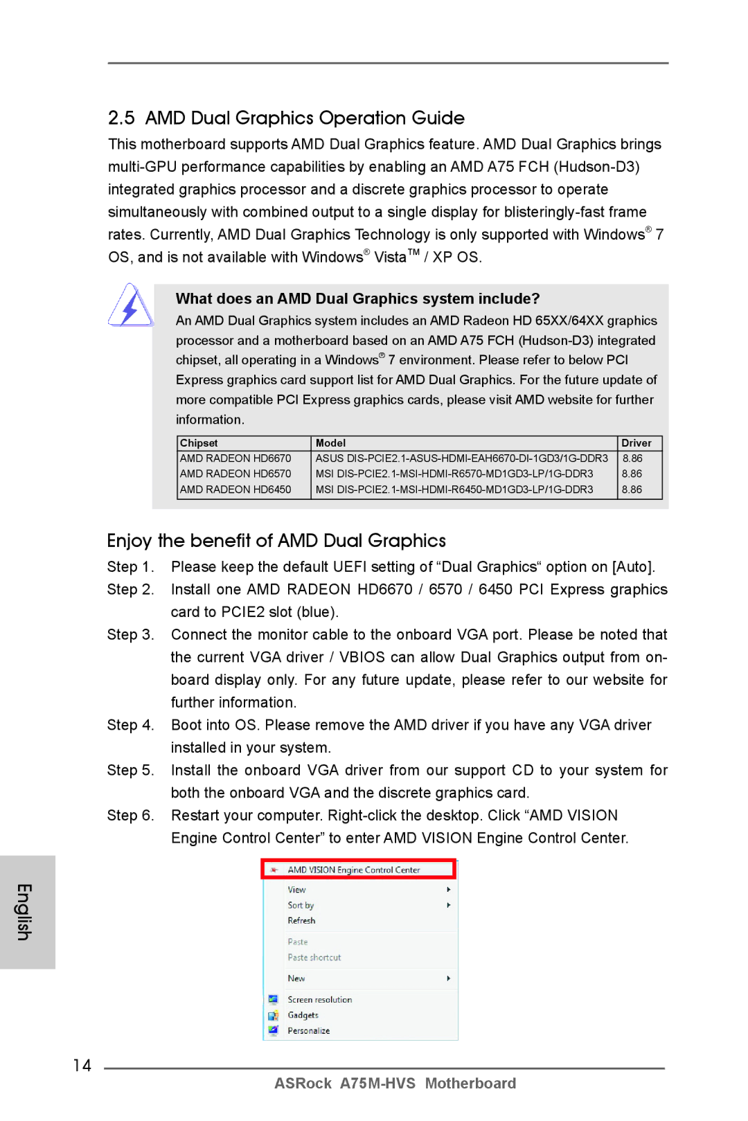 ASRock A75M-HVS manual AMD Dual Graphics Operation Guide, Enjoy the benefit of AMD Dual Graphics 