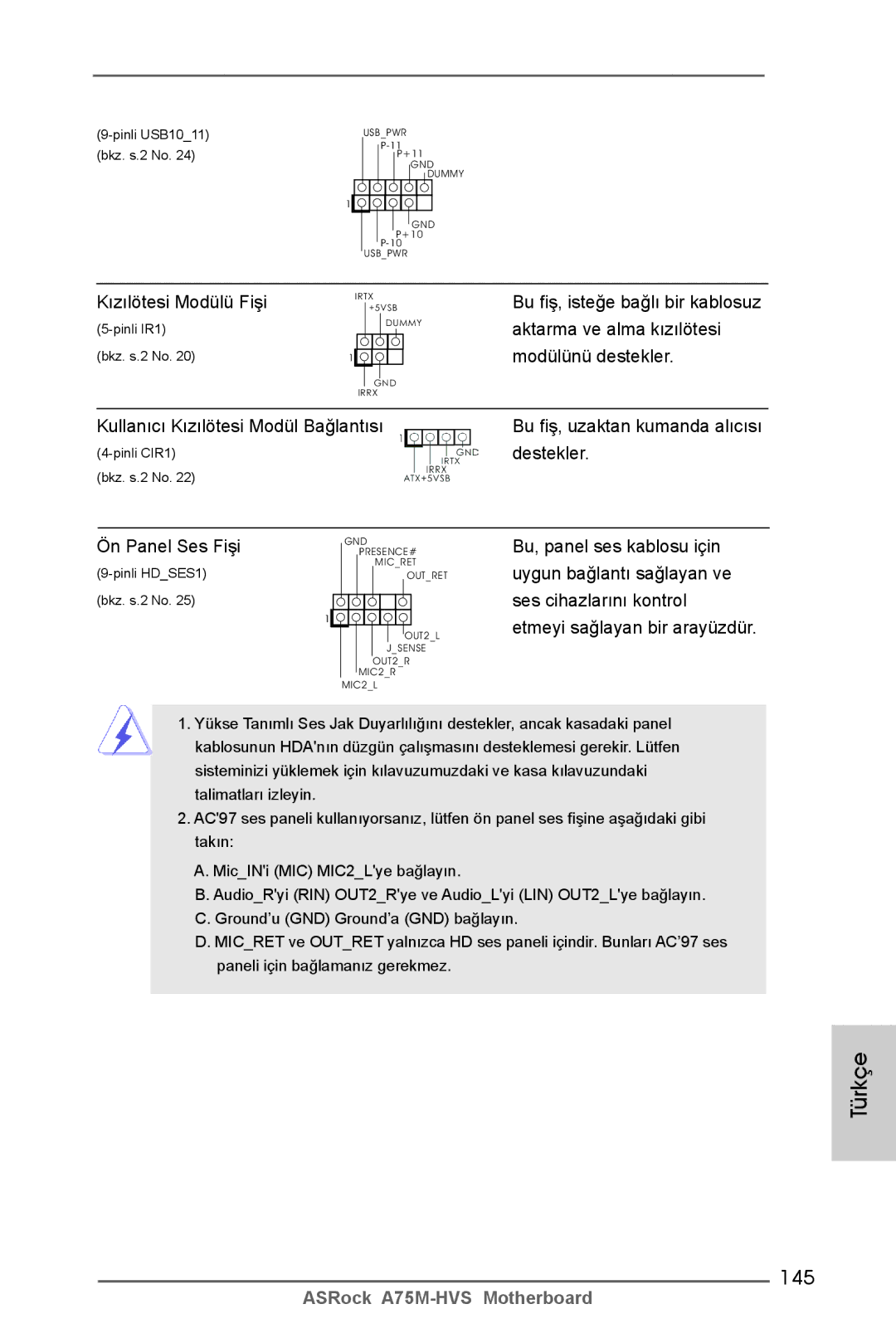 ASRock A75M-HVS manual 145, Kızılötesi Modülü Fişi, Ön Panel Ses Fişi 