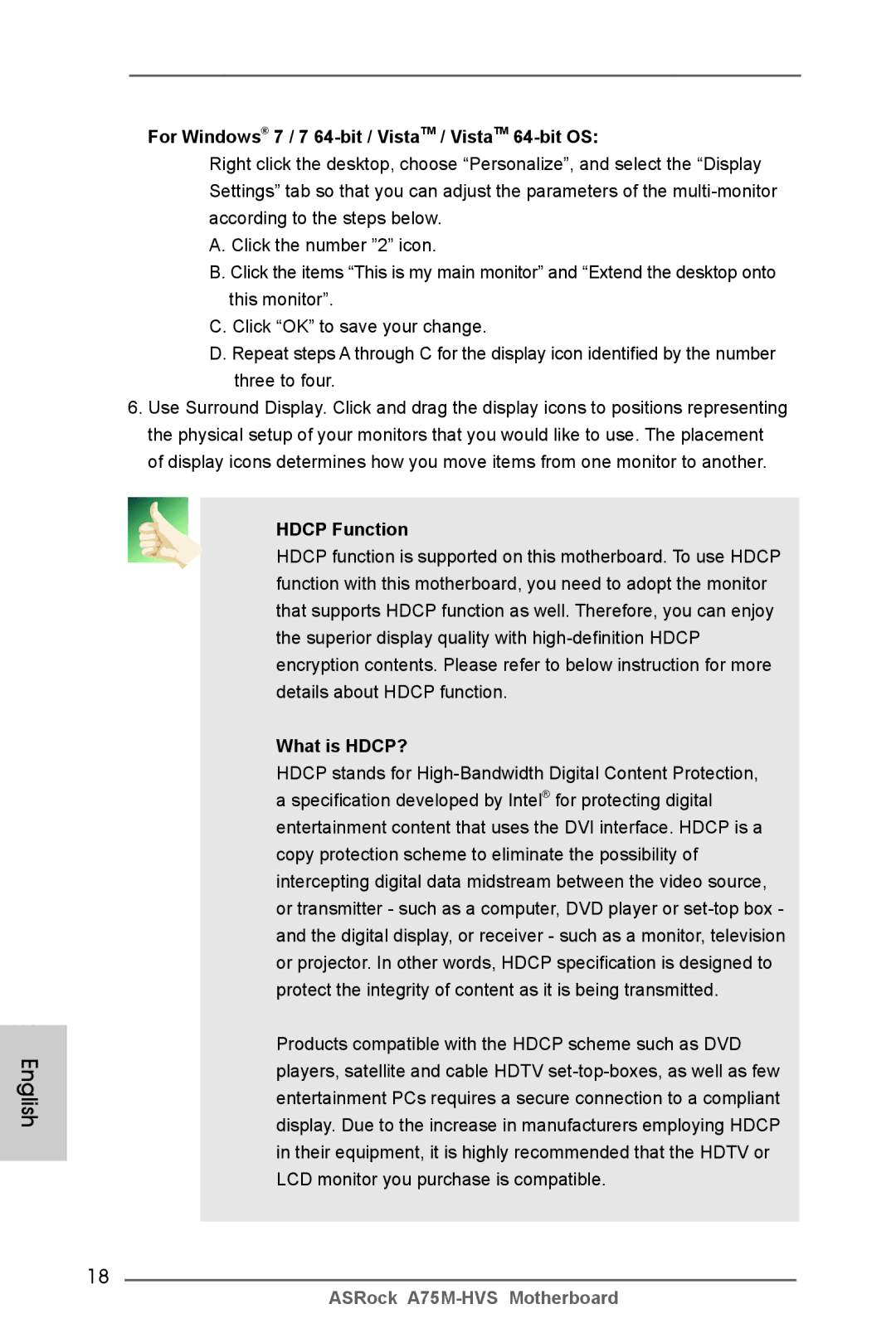 ASRock A75M-HVS manual For Windows 7 / 7 64-bit / VistaTM / VistaTM 64-bit OS, Hdcp Function, What is HDCP? 