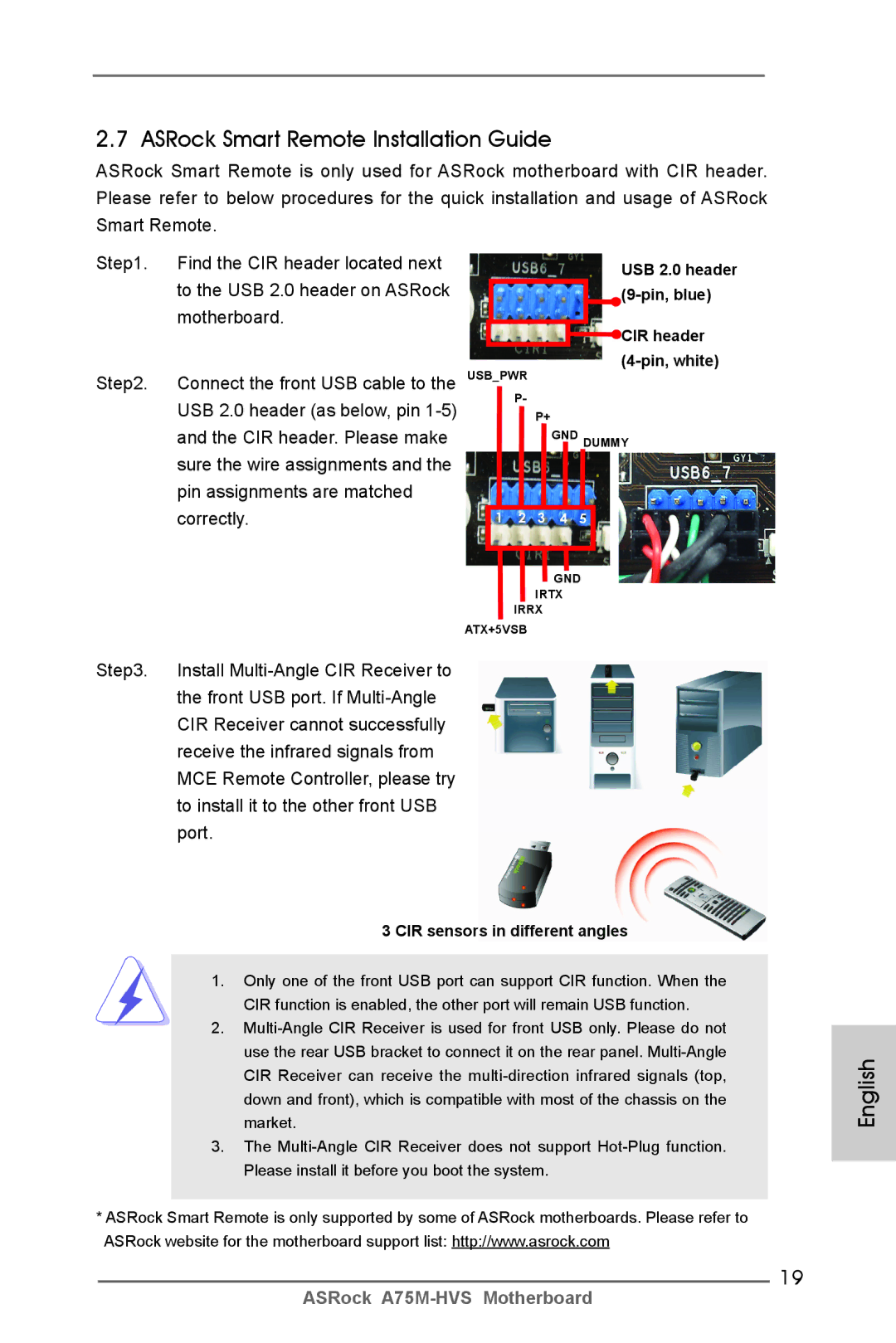 ASRock A75M-HVS manual ASRock Smart Remote Installation Guide, USB 2.0 header 9-pin, blue CIR header 4-pin, white 