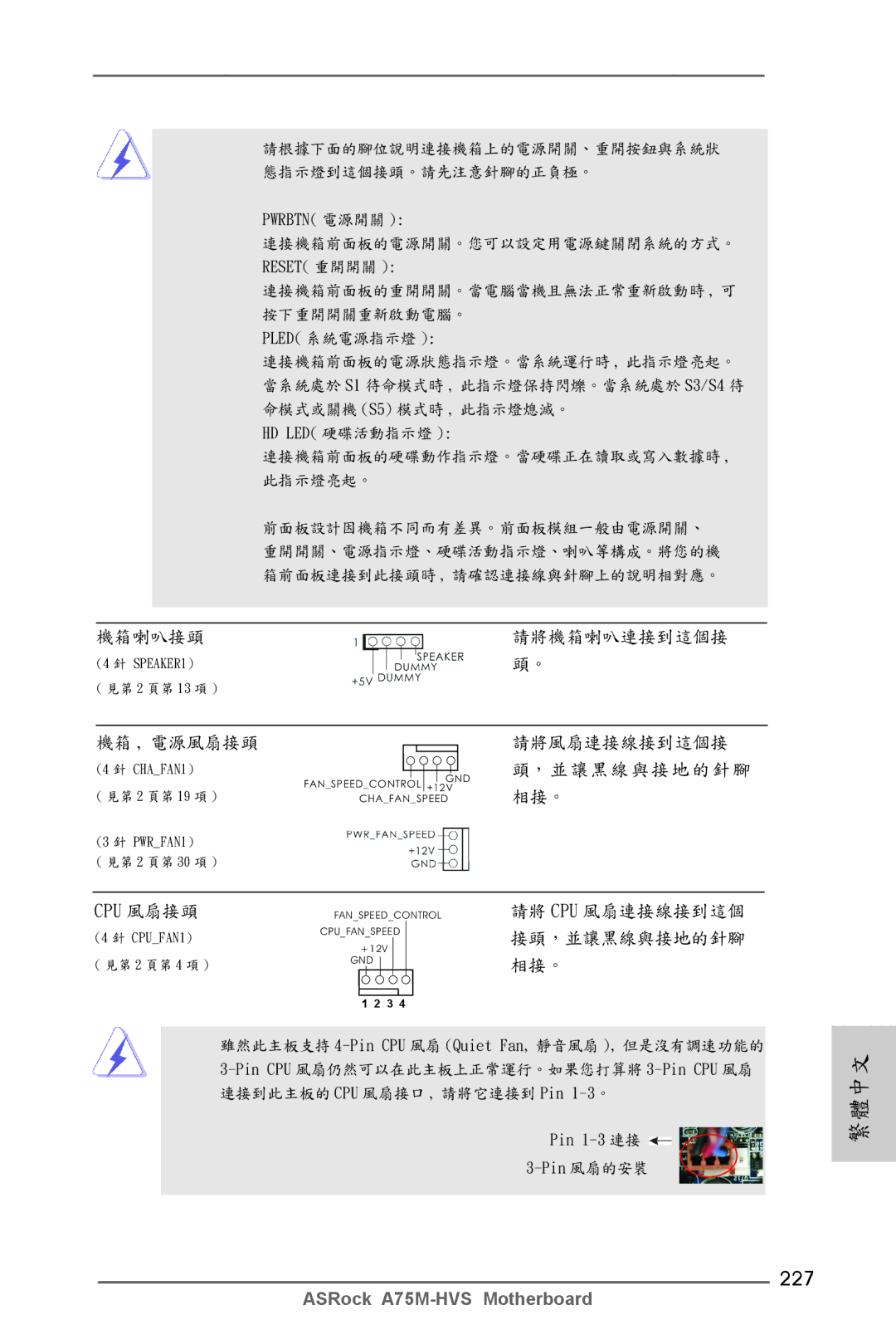 ASRock A75M-HVS manual 227, Cpu 風扇接頭 