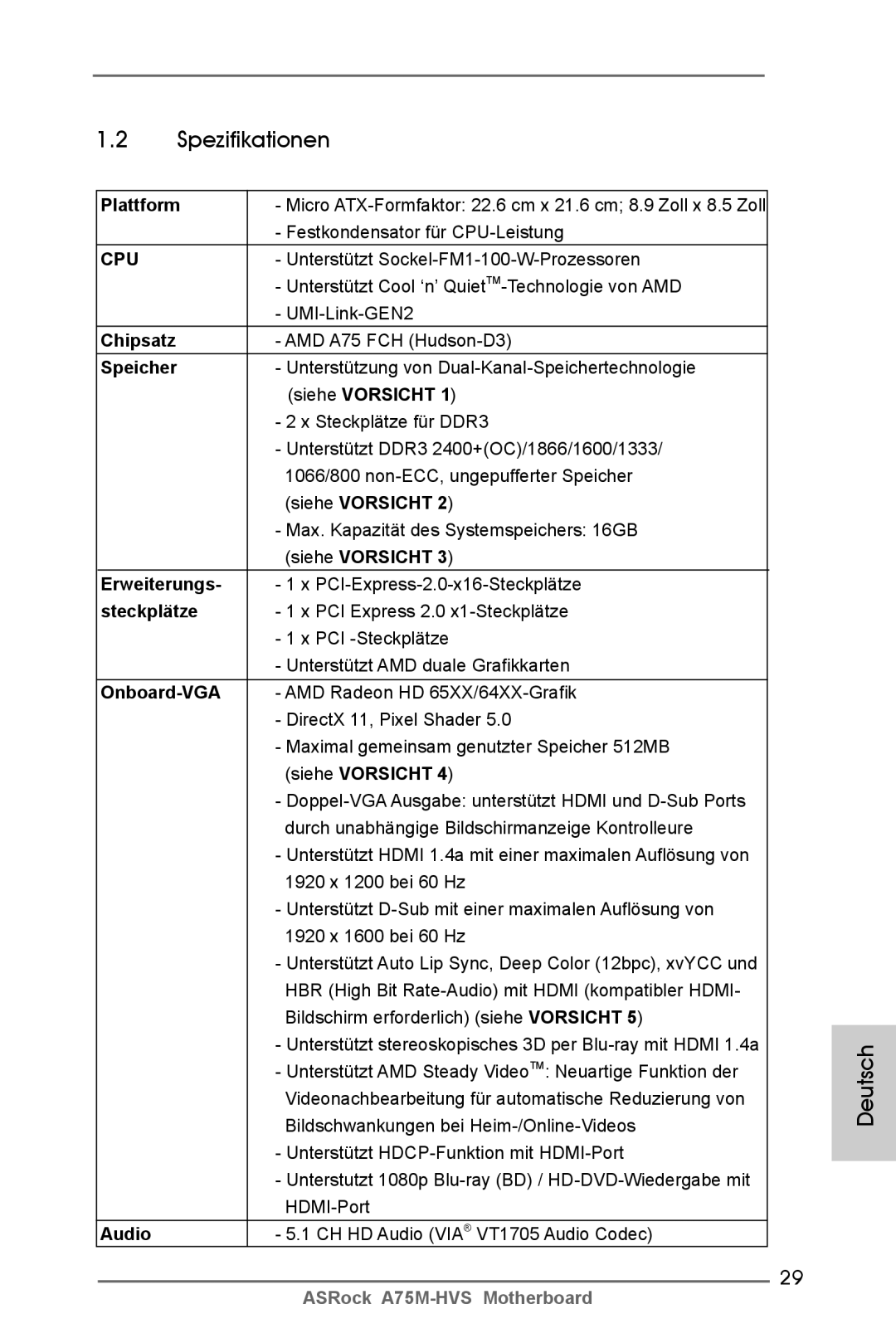 ASRock A75M-HVS manual Spezifikationen 