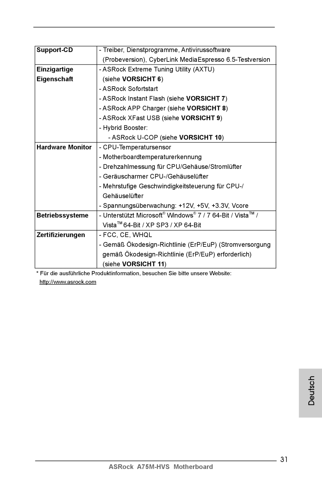 ASRock A75M-HVS manual Support-CD, Einzigartige, Eigenschaft Siehe Vorsicht, Betriebssysteme, Zertifizierungen 