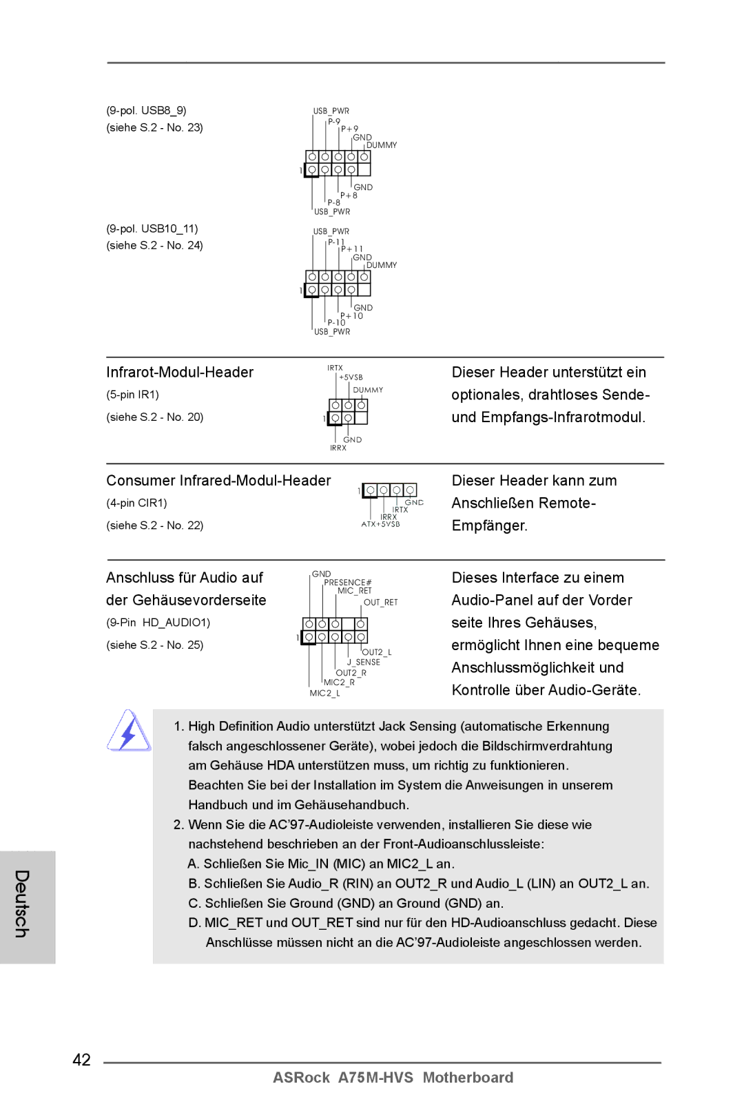 ASRock A75M-HVS manual Dieser Header unterstützt ein, Optionales, drahtloses Sende, Und Empfangs-Infrarotmodul, Empfänger 